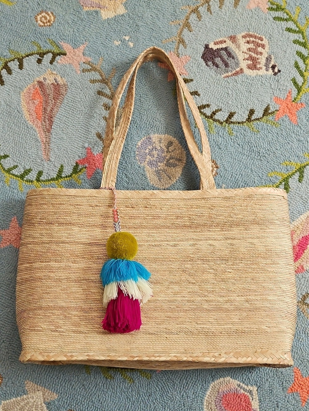 Straw Tote Bag with Multicolor Tassel - Natural